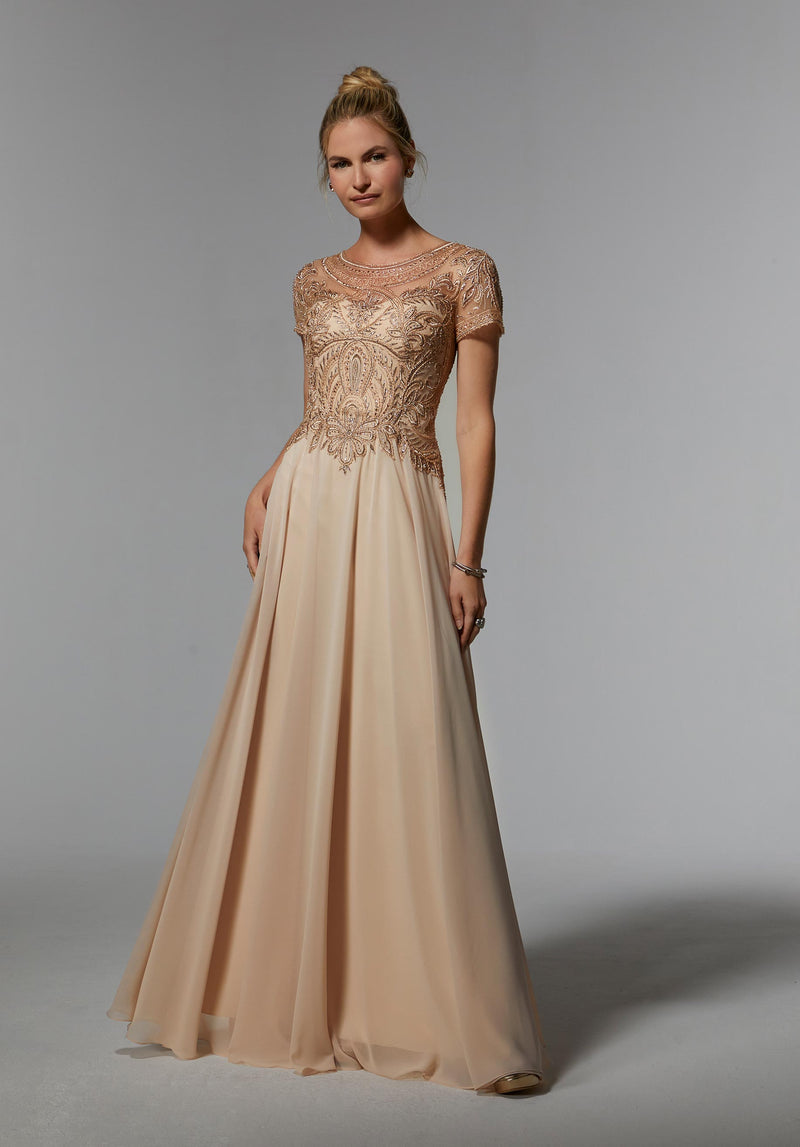 Chiffon Evening Gown with Beaded Embroidery on a Net Bodice