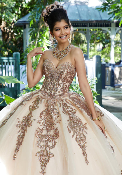 Rhinestone and Crystal Beaded Trim on a Patterned Sequin Tulle Ballgown