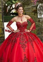 Rhinestone and Crystal Beaded Trim on a Patterned Sequin Tulle Ballgown