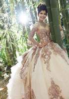 Rhinestone and Crystal Beaded Trim on a Patterned Sequin Tulle Ballgown