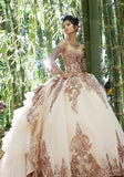 Rhinestone and Crystal Beaded Trim on a Patterned Sequin Tulle Ballgown