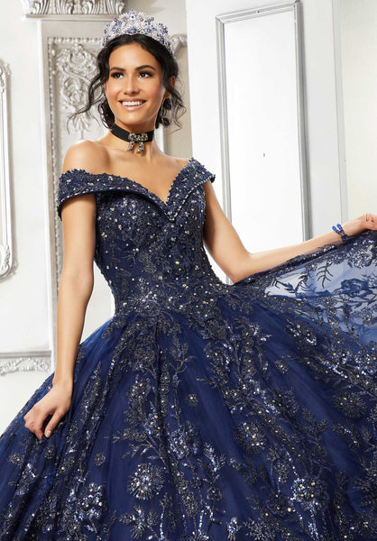 Floral Patterned Glitter Tulle Quinceañera Dress
