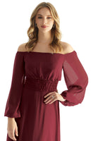 Off The Shoulder Chiffon Bridesmaid Dress with Ruched Waist