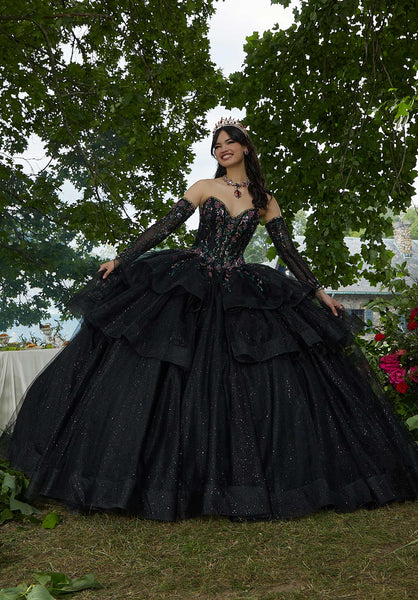 Floral Patterned Glitter Tulle with Split Skirt Overlay