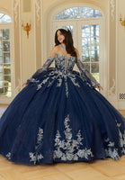 Crystal Beaded Metallic Lace Quinceañera Dress with Bell Sleeves