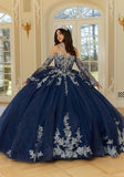 Crystal Beaded Metallic Lace Quinceañera Dress with Bell Sleeves