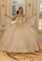 Crystal Beaded Metallic Lace Quinceañera Dress with Bell Sleeves