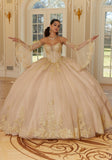 Crystal Beaded Metallic Lace Quinceañera Dress with Bell Sleeves