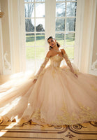 Crystal Beaded Metallic Lace Quinceañera Dress with Bell Sleeves