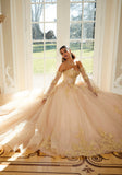Crystal Beaded Metallic Lace Quinceañera Dress with Bell Sleeves