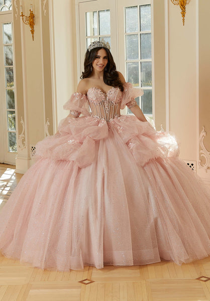 Three-Dimensional Floral Metallic Embroidered Quinceañera Dress with Waterfall Back Skirt
