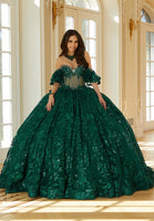 Floral Patterned Sequin Embroidered Tulle Quinceañera Dress with Sheer Bodice
