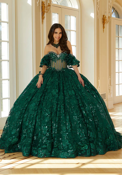 Floral Patterned Sequin Embroidered Tulle Quinceañera Dress with Sheer Bodice
