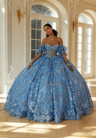 Floral Patterned Sequin Embroidered Tulle Quinceañera Dress with Sheer Bodice