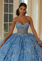 Floral Patterned Sequin Embroidered Tulle Quinceañera Dress with Sheer Bodice