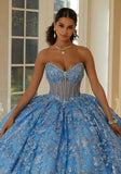 Floral Patterned Sequin Embroidered Tulle Quinceañera Dress with Sheer Bodice