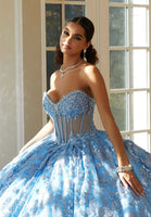 Floral Patterned Sequin Embroidered Tulle Quinceañera Dress with Sheer Bodice