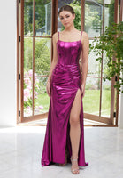 Draped Foiled Jersey Prom Dress