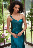 One Shoulder Lace Foiled Jersey Prom Dress