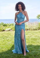 Allover Floral Sequin Halter Neck Prom Dress