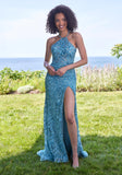 Allover Floral Sequin Halter Neck Prom Dress