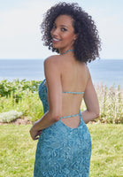 Allover Floral Sequin Halter Neck Prom Dress