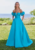 V-Notch Mikado Ball Gown with Puff Sleeves