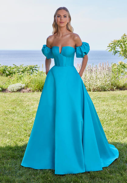 V-Notch Mikado Ball Gown with Puff Sleeves