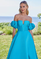 V-Notch Mikado Ball Gown with Puff Sleeves