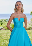 V-Notch Mikado Ball Gown with Puff Sleeves