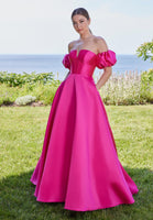 V-Notch Mikado Ball Gown with Puff Sleeves
