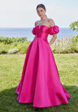 V-Notch Mikado Ball Gown with Puff Sleeves