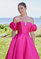 V-Notch Mikado Ball Gown with Puff Sleeves