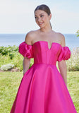 V-Notch Mikado Ball Gown with Puff Sleeves