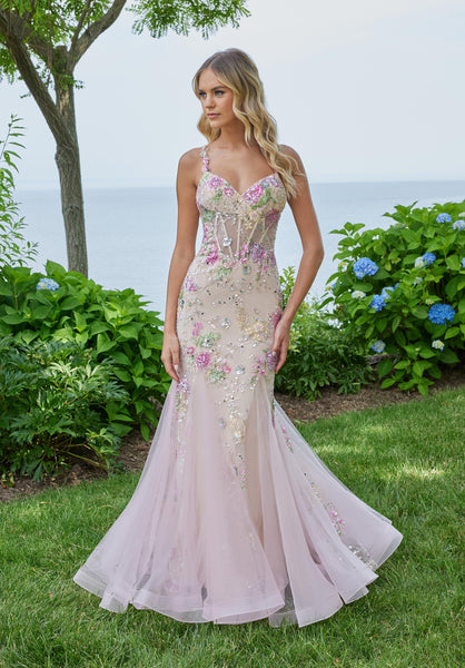Floral Beaded Open Back Mermaid Prom Dress