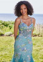 Floral Beaded Open Back Mermaid Prom Dress