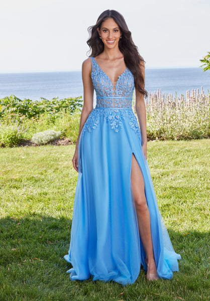 Plunging A-Line Prom Dress with Embroidered Appliqués