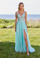 Plunging A-Line Prom Dress with Embroidered Appliqués