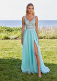 Plunging A-Line Prom Dress with Embroidered Appliqués