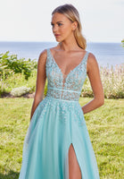 Plunging A-Line Prom Dress with Embroidered Appliqués