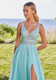 Plunging A-Line Prom Dress with Embroidered Appliqués