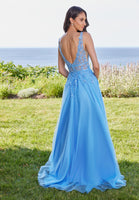 Plunging A-Line Prom Dress with Embroidered Appliqués
