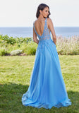 Plunging A-Line Prom Dress with Embroidered Appliqués