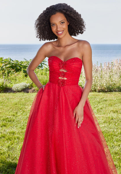 Glitter Tulle Keyhole Prom Dress with Rosettes
