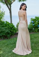 Keyhole Halter Textured Jersey Prom Dress with Exposed Corset