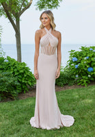 Criss Cross Halter Prom Dress with Exposed Corset