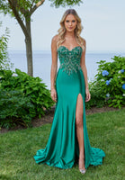 Embellished Shiny Jersey Fit and Flare Prom Dress