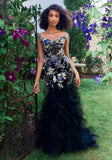 Floral Beaded Drop Waist Prom Dress with Ruffled Skirt