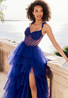 Beaded Three Dimensional Floral Tiered Tulle Prom Dress