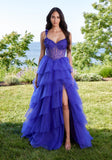 Beaded Three Dimensional Floral Tiered Tulle Prom Dress